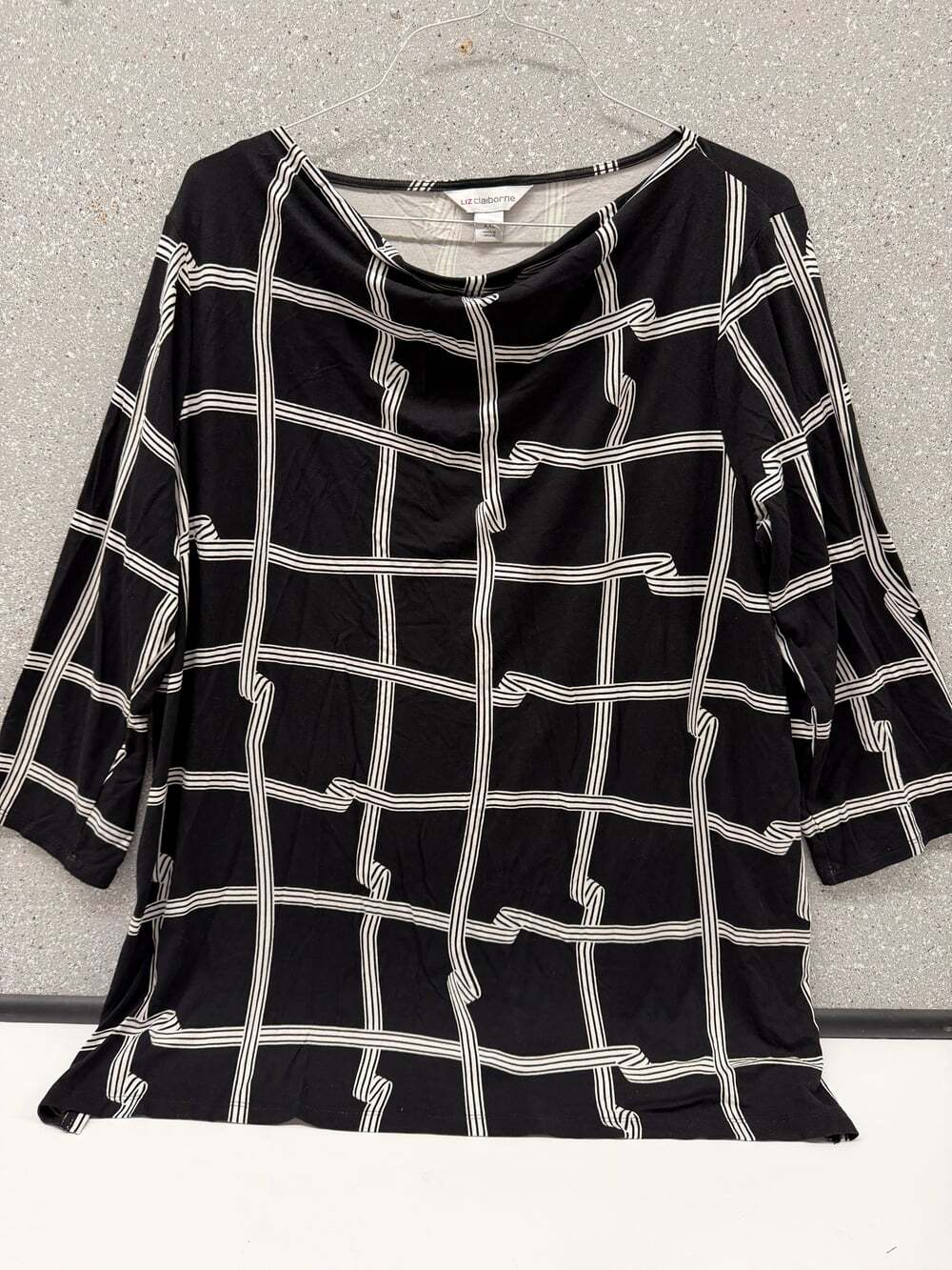 Liz Claiborne Womens XXL Black White Windowpane Top 3/4 Sleeve Rayon Stretch
